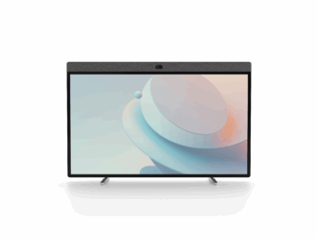 Neat Board 50 interactive display mounted on a wall, featuring a 4K touchscreen with a stylus, showing a vibrant presentation in a modern meeting room.